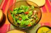 next photo: Salad of romaine and rosa lettuce, arugula, nasturtium flowers, radishes, tomatoes, and a dressing of red quinoa, tossed with lemon juice, olive oil and flat leaf parsley.