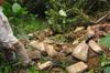 Stones of the retaining wall are scattered over the garden stairs.